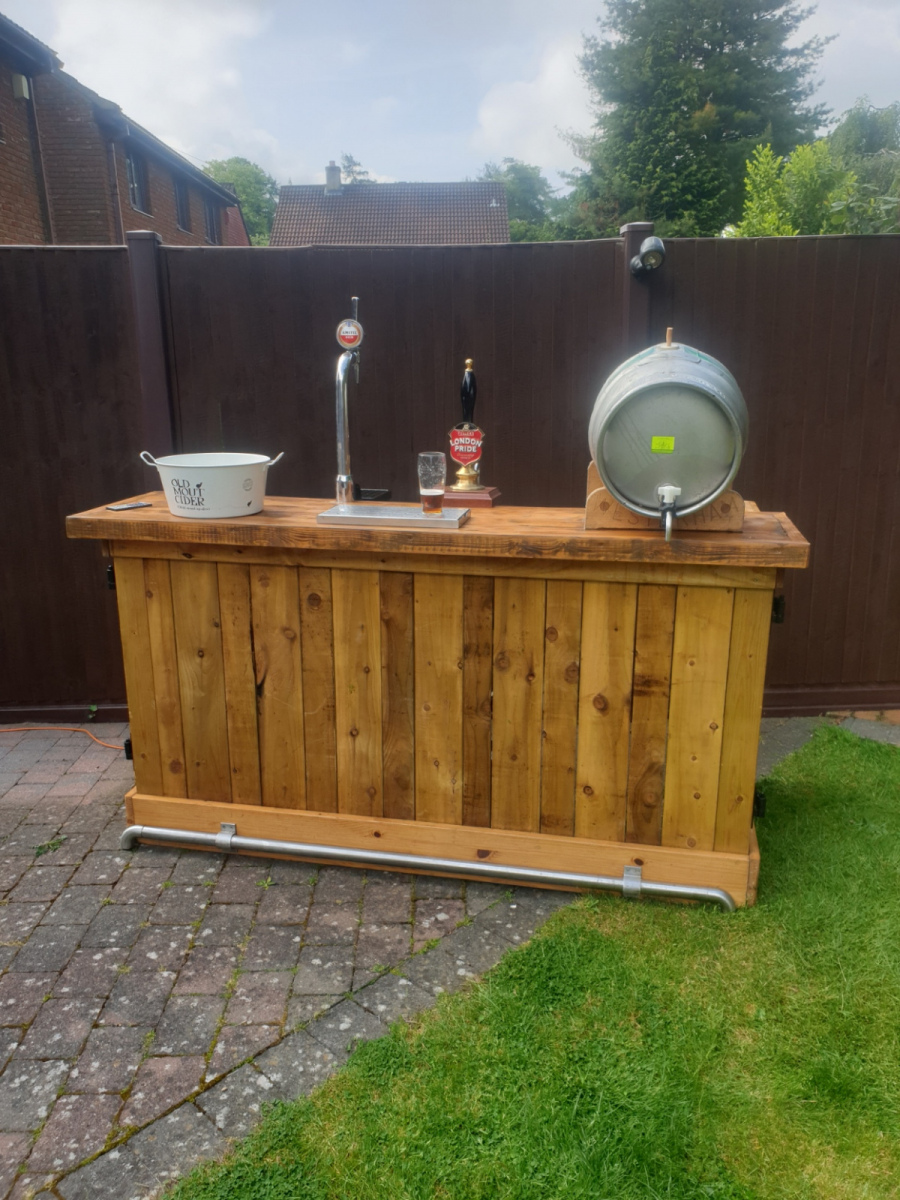 Two metre rustic bar setup including draught beer dispense equipment