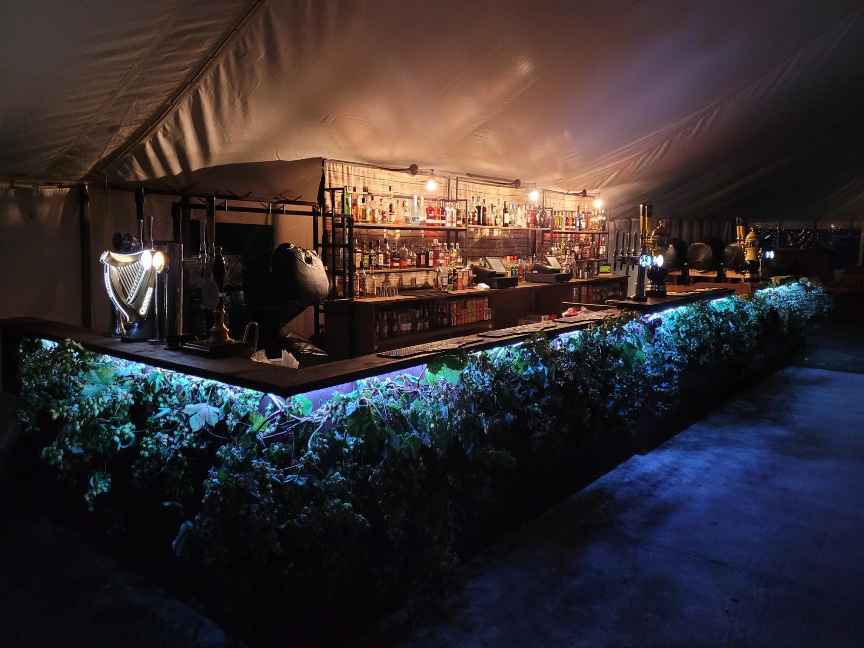 10 Metre rustic festival bar with 8 product draught dispense and remote cellar